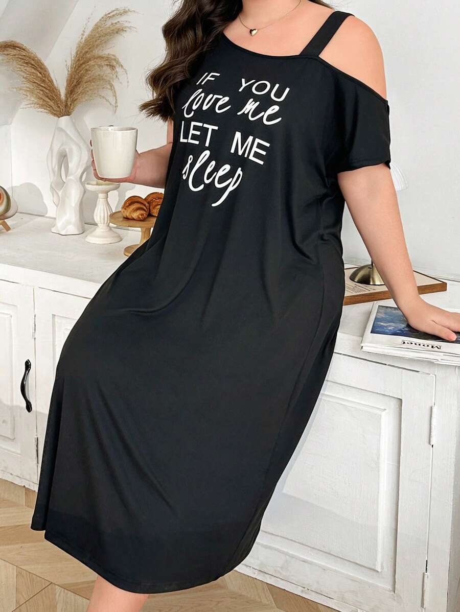 加大码单肩单肩纯色英文文字印花超柔软牛奶丝针织睡袍