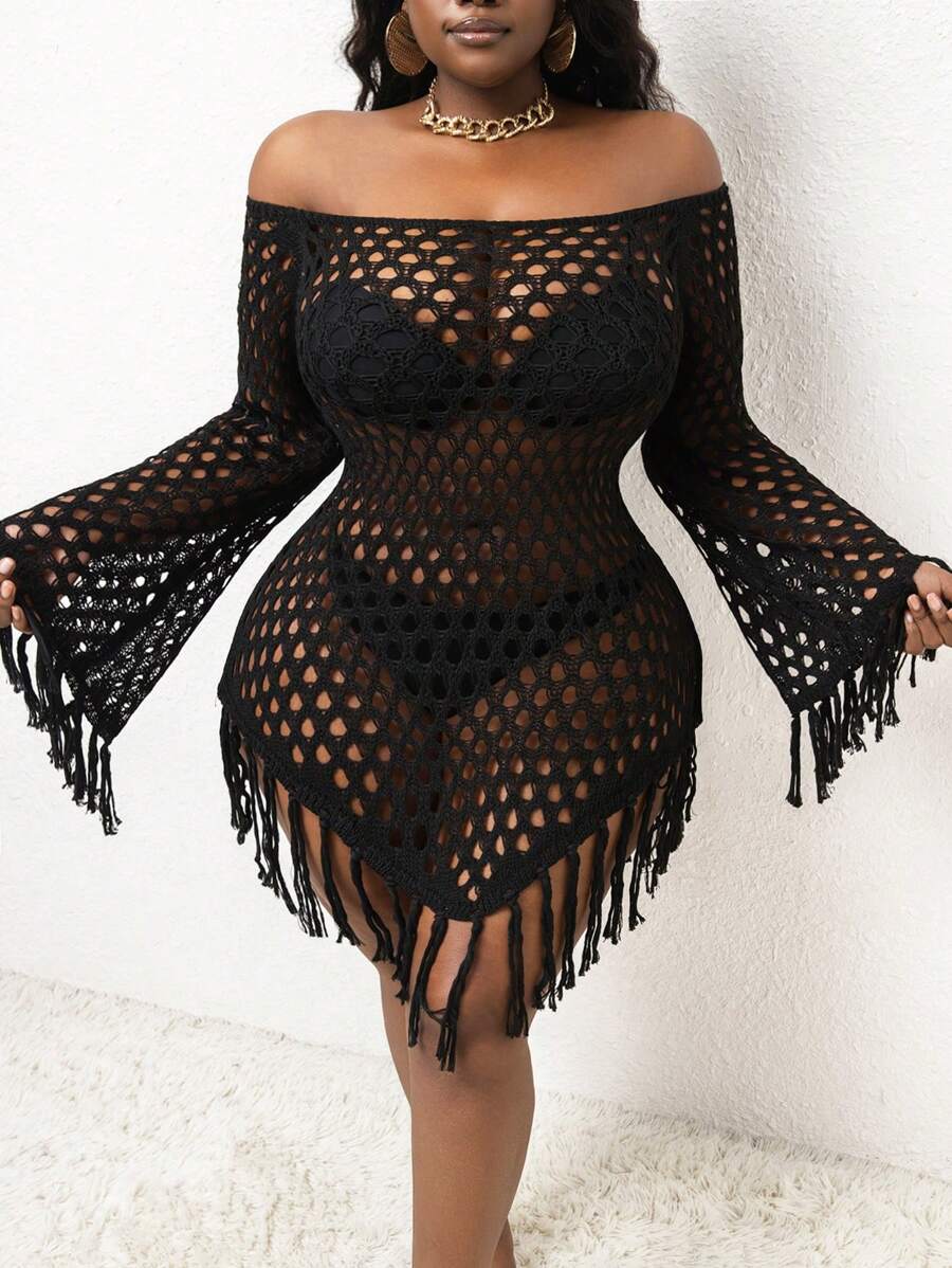 SHEIN Slayr CURVE Áo choàng dệt kim tua rua hở vai gợi cảm cỡ lớn mùa hè - màu đen - Xem 1