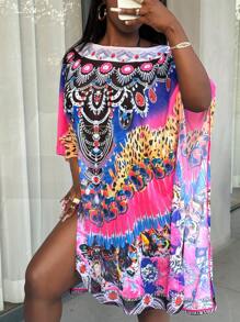 SHEIN Slayr Fluorescent Color Positioning Print Sexy Swimsuit, Spring Break Beach Dress Cover-Up With Short Sleeve