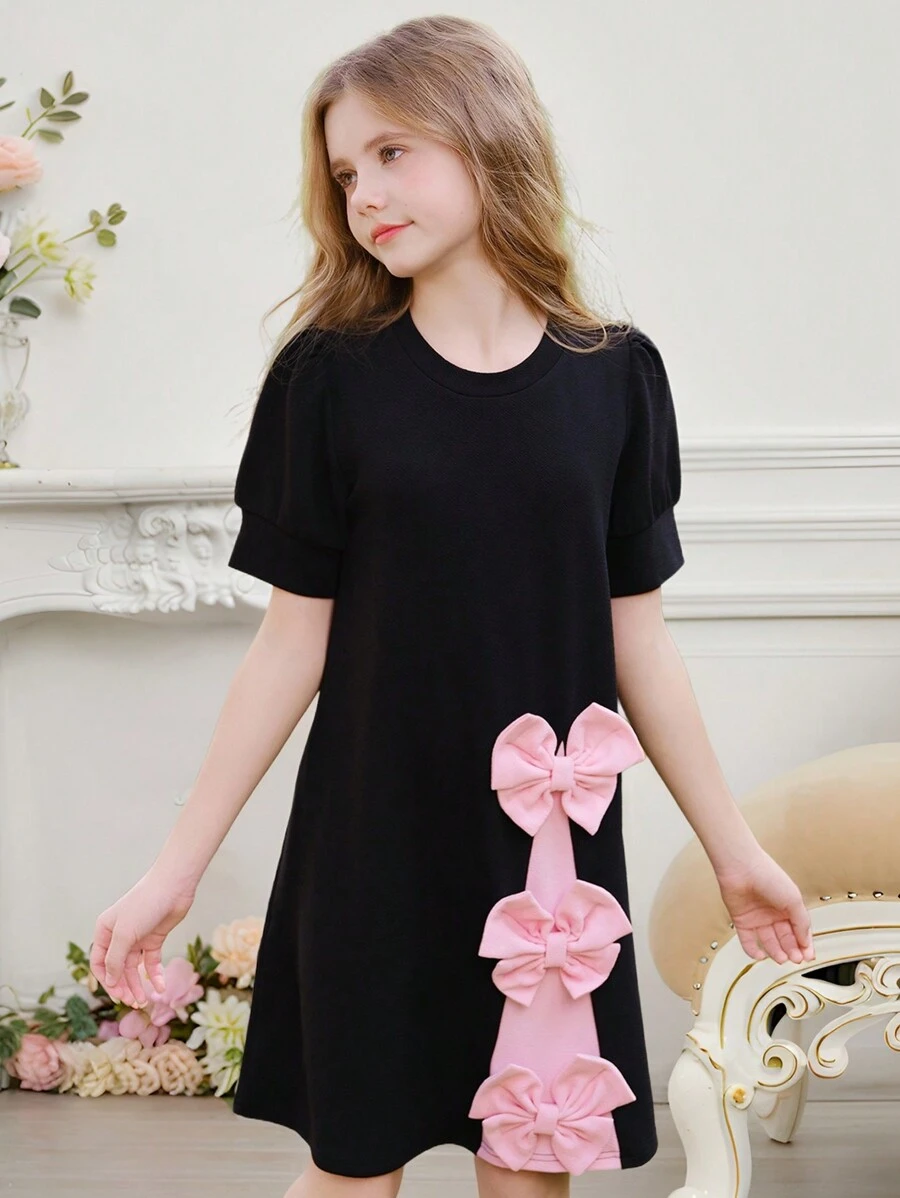 SHEIN Tween Girls' Knitted 3D Bow Puff Sleeve A-Line Dress, Sweet Elegant Style - Black - View 1