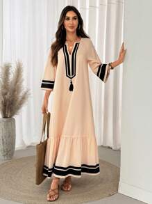 SHEIN LUNE Long Sleeve Maxi Dress With Ruffle Hem And Tassel Pendant, Chinese Style Retro Urban Dress Suitable For Formal Occasions, Beige