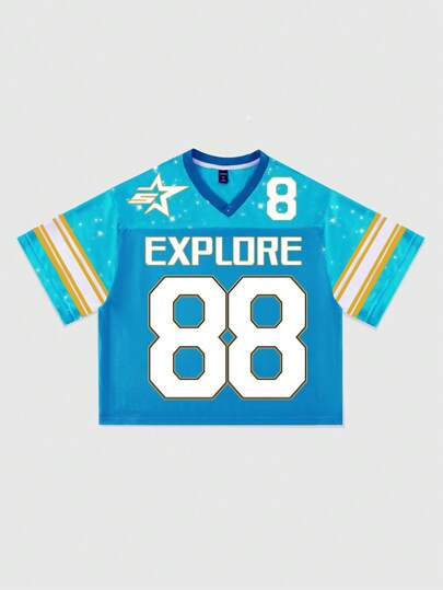 Prep Men's Sports Jersey Short Sleeve Football Jersey Style T-Shirt, Mesh Fabric Patchwork Streetwear