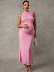 MaterniChic Slim Fit Solid Color Maternity Dress, Pink Dress - Pink - View 6