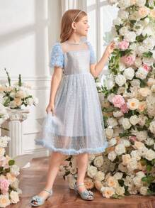 Vestido de princesa elegante, luxuoso e adorável com decoração de malha e lantejoulas para meninas pré-adolescentes - Azul - Ver 3