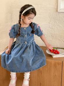 Young Girl Versatile Comfy Cute Bow Washed Soft Fashion Street Jean Jacket + Skirt Set, Lightweight For Summer - Medium Wash - View 5