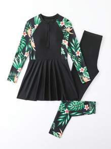 SHEIN 青少年女孩分体式吊带上衣，长袖拉链泳装，下装为花卉拼布裙和裤子 - 彩色 - 查看 6