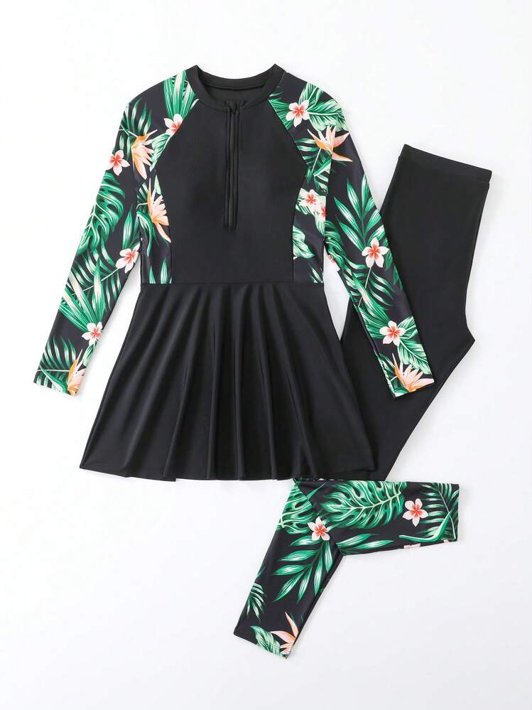 SHEIN Teen Girls' Tankini Style Strappy Top With Long Sleeve Zipper Swimwear, Bottom With Floral Patchwork Skirt And Pants Summer Holiday - Multicolor - View 6