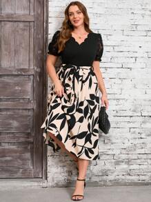 Reflora 1 件大码女式植物印花蕾丝短袖优雅夏日度假连衣裙 - 彩色 - 查看 5