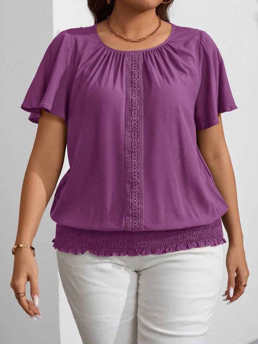 SHEIN LUNE Plus Size Women Floral Hem Elastic Cuff Short Sleeve Round Neck Blouse - Purple - View 1