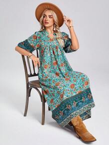 SHEIN LUNE 立领 V 领灯笼袖褶饰高低下摆度假优雅女士长裙带印花