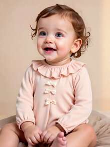 Newborn Baby Apricot Ruffled Collar Elegant Lace Bow Long Sleeve Romper Pajamas - Apricot - View 1