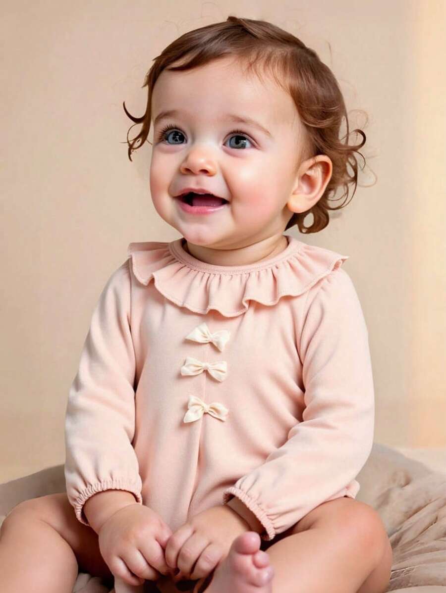 Newborn Baby Apricot Ruffled Collar Elegant Lace Bow Long Sleeve Romper Pajamas - Apricot - View 1