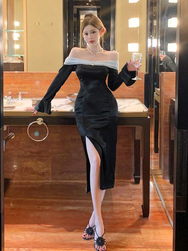 Bodycon Party/Date Dress, High Slit Sequin Mesh Splice Sexy Off-Shoulder Ladies Dress Prom Dress,Fall Dress Homecoming Dresses Long Sleeve Dress Luxury Elegant Women Dresses