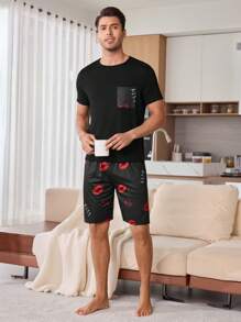 CoupledUp Men's Casual Lip Print Pajama Set - Black - View 5