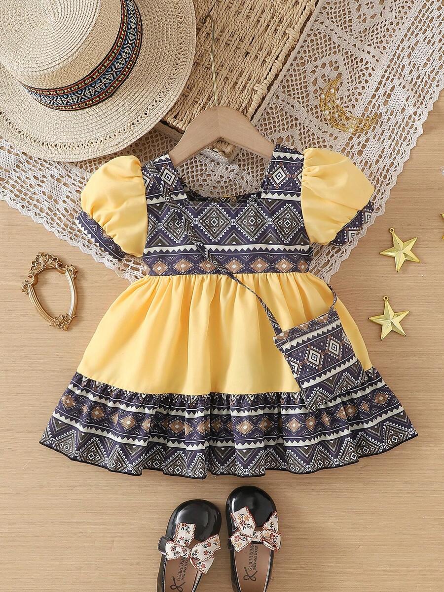 SHEIN 2pcs/Set Gaun Putri Liburan Musim Panas Warna Kuning Gaya Boho untuk Bayi Perempuan, Kerah Persegi, Lengan Mengembang, Motif Bunga & Geometris, Dipadukan dengan Tas yang Serasi - Emas - View 1