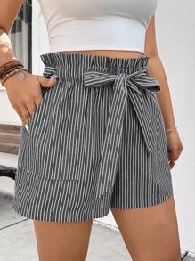 SHEIN Frenchy Plus Size Women Striped Twist Waist Casual Shorts - Black and White - View 5