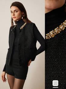 Aveloria Rosie Elegant Vintage Thickened Design Diamante & Pearl Embellished Round Neck Sleeveless Waisted Women Jacket Holiday Party Clothes    Old Money Style For Summer Spring Fall Autumn - Black - View 1