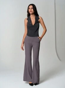 SHEIN Unity Women Solid Color Simple Casual Halter Neck Tie Backless Sexy Cami - Grey - View 3
