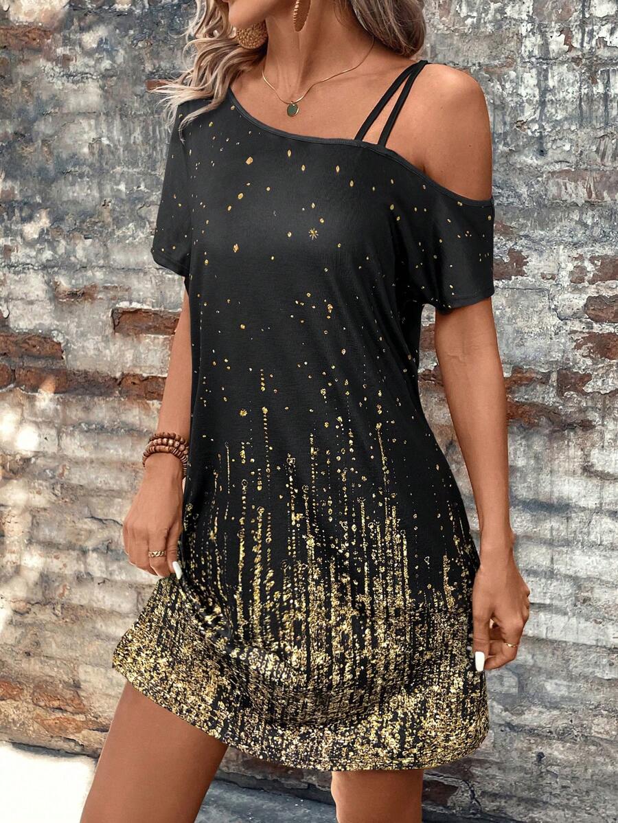 SHEIN LUNE Western Gold Glitter Print Open Shoulder Bodycon Mini Dress For Women - Black and Gold - View 1
