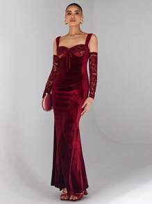 Glamine 全新勃艮第天鹅绒肩带蕾丝拼接长袖露背拉链修身长款针织四季高级美人鱼长款女士连衣裙、优雅舞会礼服、约会晚礼服、端庄晚宴装 - 酒紅色 - 查看 7