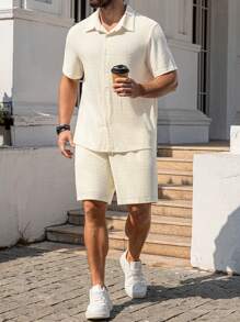 Manfinity Homme Plus Size Men's Front Button Short Sleeve Casual Shirt And Shorts Set