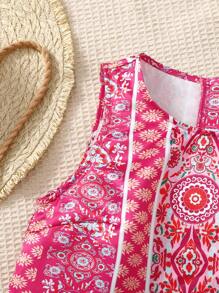 SHEIN Teen Girls Spring/Summer Pattern Print Sleeveless Top & Multi-Layer Tulle Skirt Set, And Elegant, Teen Girl Girls Dresses, Girls Outfit Sets - Hot Pink - View 4