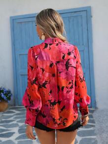 Vivid Eden Woven Printed Lantern Sleeve Loose Women's Blouse,Summer Clothes,Valentine's Day,Vacation Outfits Woman,Beach Outfits For Woman, Festival,Romantic,Bohemian,BOHO, Sweet,Rave Outfits Festival,Tropical Vacation Woman Clothes,Carnival - Hot Pink - View 2