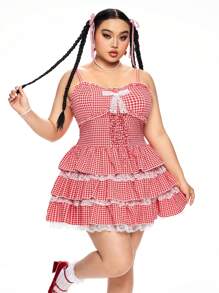 ROMWE Kawaii Váy mini dây mảnh kẻ caro nhiều lớp ren thắt nơ cỡ lớn cho nữ, trang phục mùa hè - Đỏ - Xem 1