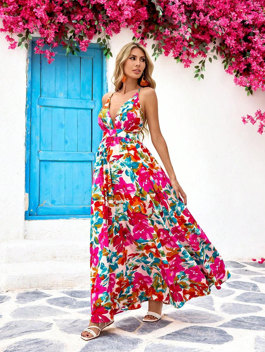 Vivid Eden 编织浪漫花卉印花交叉露背 V 领细肩带女式连衣裙，夏季服装，情人节，女士度假服装，女士沙滩装，节日，浪漫，波西米亚风，波西米亚风，甜美，狂欢节服装，热带度假女装，狂欢节，太阳裙