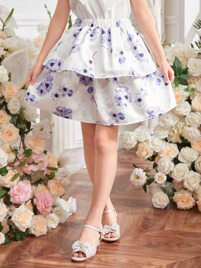 SHEIN Tween Girl 优雅迷人的缎面宫廷花卉印花多层蛋糕裙