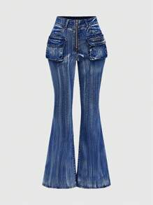 ROMWE J-Fashion 女士前拉链口袋简约喇叭腿牛仔裤，休闲日常穿着