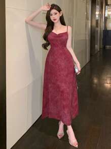 DAZY Damen elegantes Kleid mit drapiertem Ausschnitt, ärmellos, knielang, Abendkleid, Sommerkleid, Rot - Bordeaux - Übersicht 6