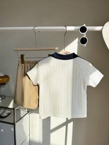 SHEIN 2pcs Young Boys Casual Sports Daily Comfortable Loose Polo Shirt & Shorts Set, Suitable For Travel, School, Sports, Casual Gatherings, Spring/Summer. Elegant Wedding Guest Pageboy Ring Bearer Outfit - White - View 7