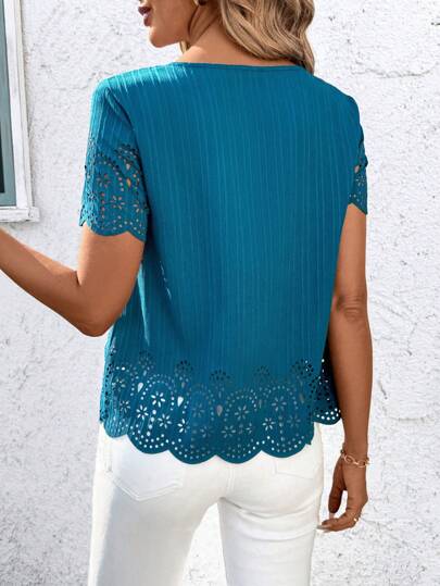 SHEIN Clasi Blusa casual de mujer de cuello redondo y manga corta, para primavera y verano, vacaciones de verano, salidas de mujer
