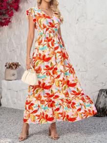 SHEIN Clasi Orange Floral Print Cap Sleeve Women's Dress,Summer, Vacation Outfits Woman,Summer Outfits For Women,Beach Outfits For Woman - Orange - View 6