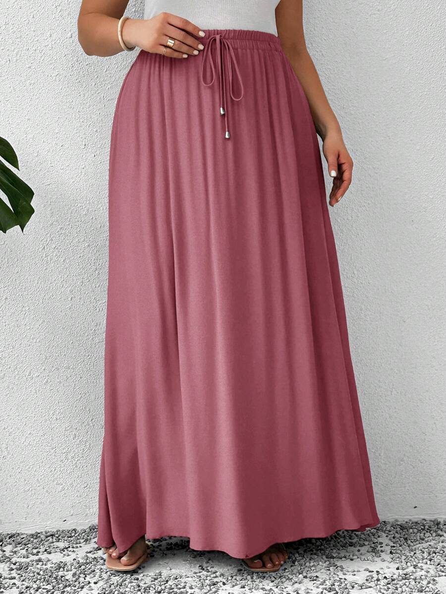 SHEIN LUNE 大码女式夏季纯色高腰系带长款休闲裙，西式服装女士节日波西米亚风嬉皮女牛仔老钱波西米亚风 - 藕粉色 - 查看 1