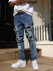 Manfinity LEGND Men's Pocket Distressed Skinny Casual Jeans - Medium Wash - View 6