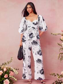 Oxana Designer Women's Black And White Silhouette Floral Print Elastic Waistband Comfortable Wide Leg Casual Pants, Valentine's Day, Festival - Multicolor - View 1