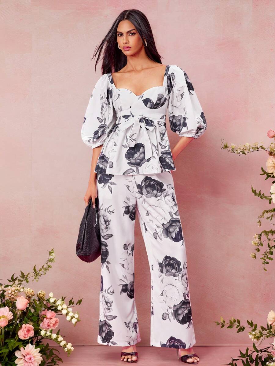 Oxana Designer Women's Black And White Silhouette Floral Print Elastic Waistband Comfortable Wide Leg Casual Pants, Valentine's Day, Festival - Multicolor - View 1