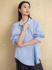 Dazy-Less Minimalist Asymmetric Button Design Solid Color Casual Long Sleeve Women Shirt,Fall Women Clothes Business Casual Woman Work Clothes - Blue - View 12