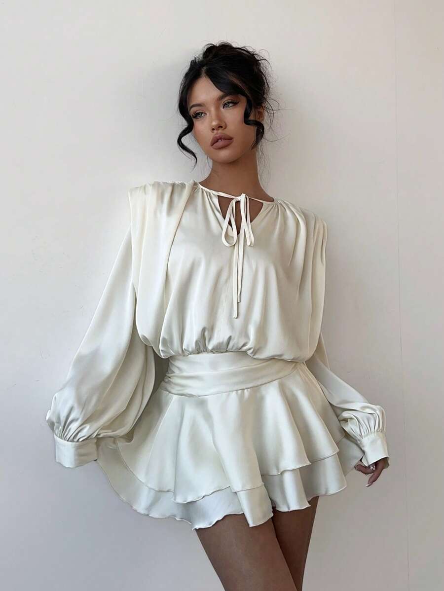 Aloruh 全新性感女式杏色多层荷叶边下摆设计迷你连衣裙，适合化妆舞会、派对、活动 - 杏色 - 查看 1