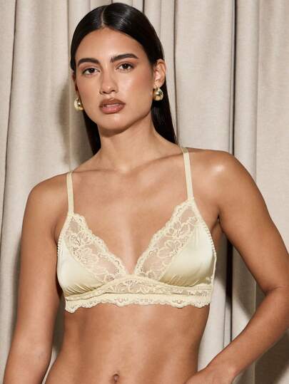 AiiRZ Delikat spetsbralette triangelformat blommigt meshöverlägg mjuk kupa utan bygel komfort underkläder applikationskant underkläder högtidsgåva