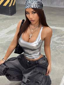 StreetHx Women's Summer Street Style Silver Coated Tank Top - Gold - View 1