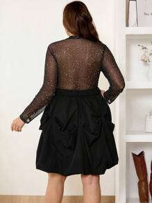 SHEIN Frenchy Women's Plus Size Sparkling Mesh Long Sleeve Ruffle Wrap Dress - Black - View 2