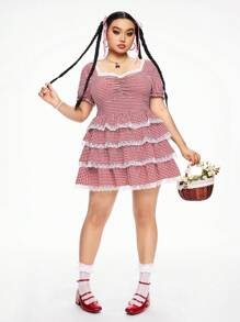 ROMWE Kawaii Vestido de mujer talla grande de verano con mangas abullonadas, estampado de cuadros y dobladillo con volantes multicapa - Rojo - Ver 4