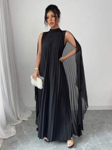 Elenzga Vintage Pleated Shawl Collar Dress With Flared, For Spring/Summer Vacation - Black - View 6