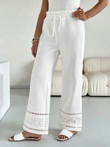 SHEIN Essnce Vacation Casual Solid Color Embroidery Patchwork Drawstring Waist Long Pants - White - View 1