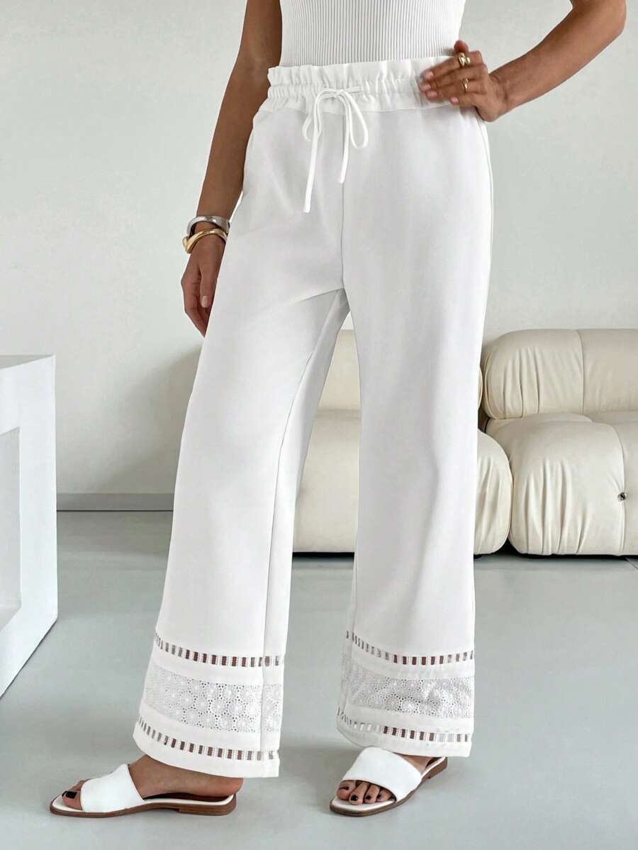 SHEIN Essnce Vacation Casual Solid Color Embroidery Patchwork Drawstring Waist Long Pants - White - View 1