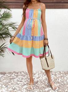 SHEIN Váy ngắn thường ngày sọc nhiều màu cho bà bầu - Nhiều màu - Xem 6