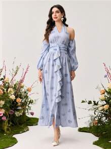 Modelyn 女士优雅碎花雪纺露肩长袖荷叶边下摆连衣裙 - 彩色 - 查看 6